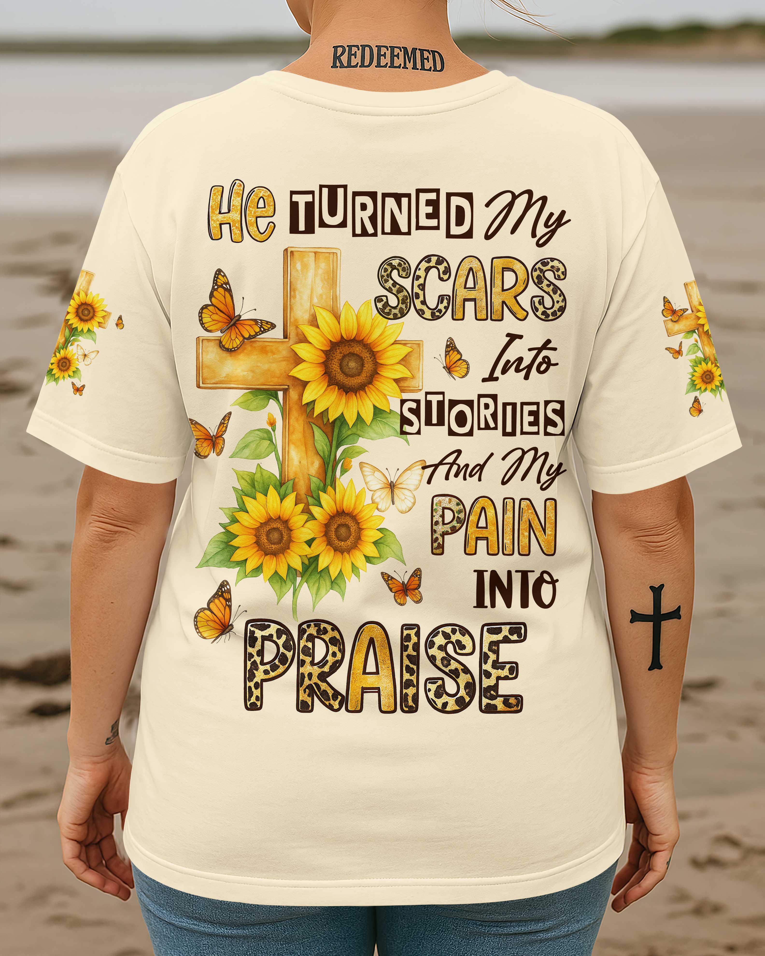 He Turned My Scars Into Stories All Over Print T-Shirt