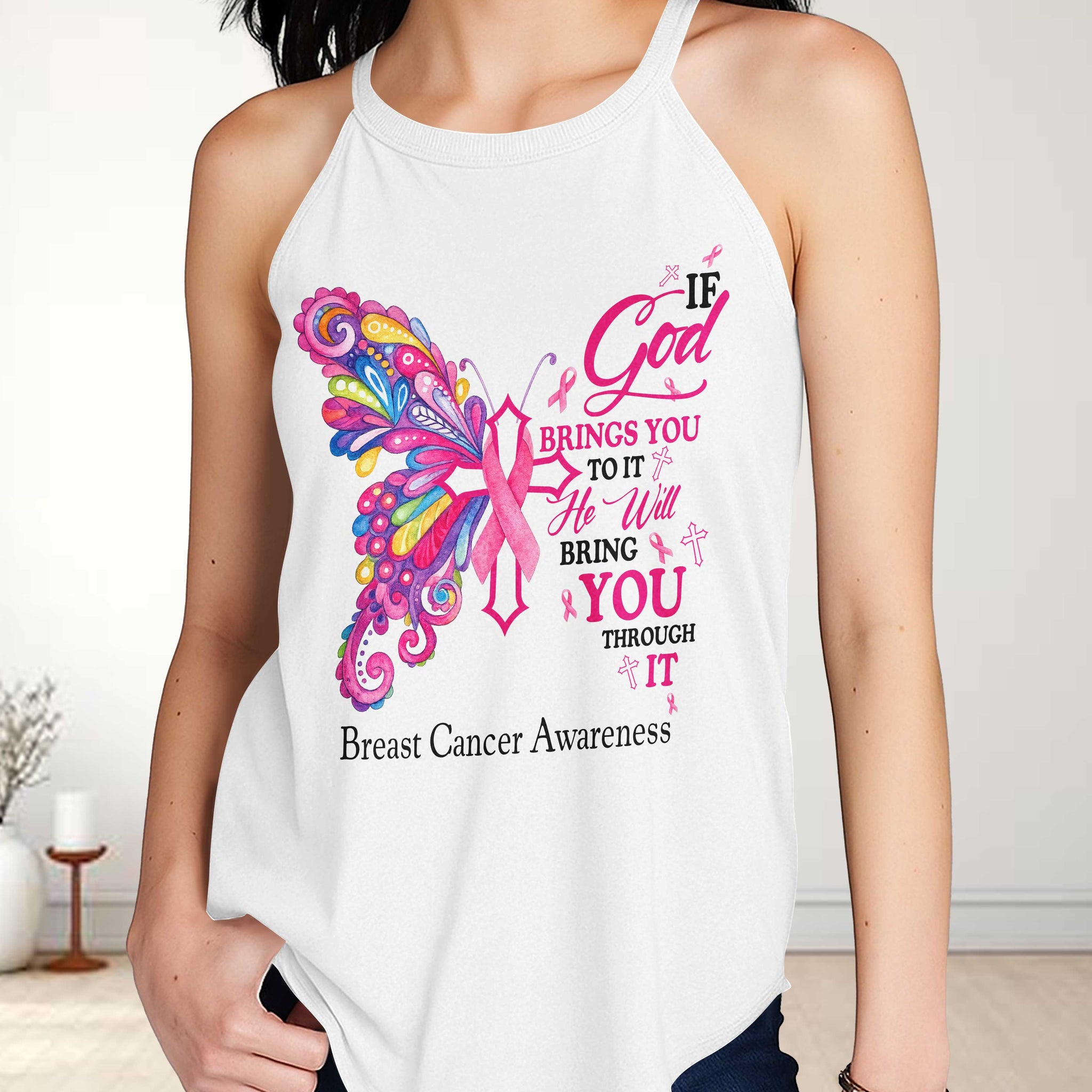If God Brings You To It He Will Bring You Through It Breast Cancer Awareness Rocker Tank Top