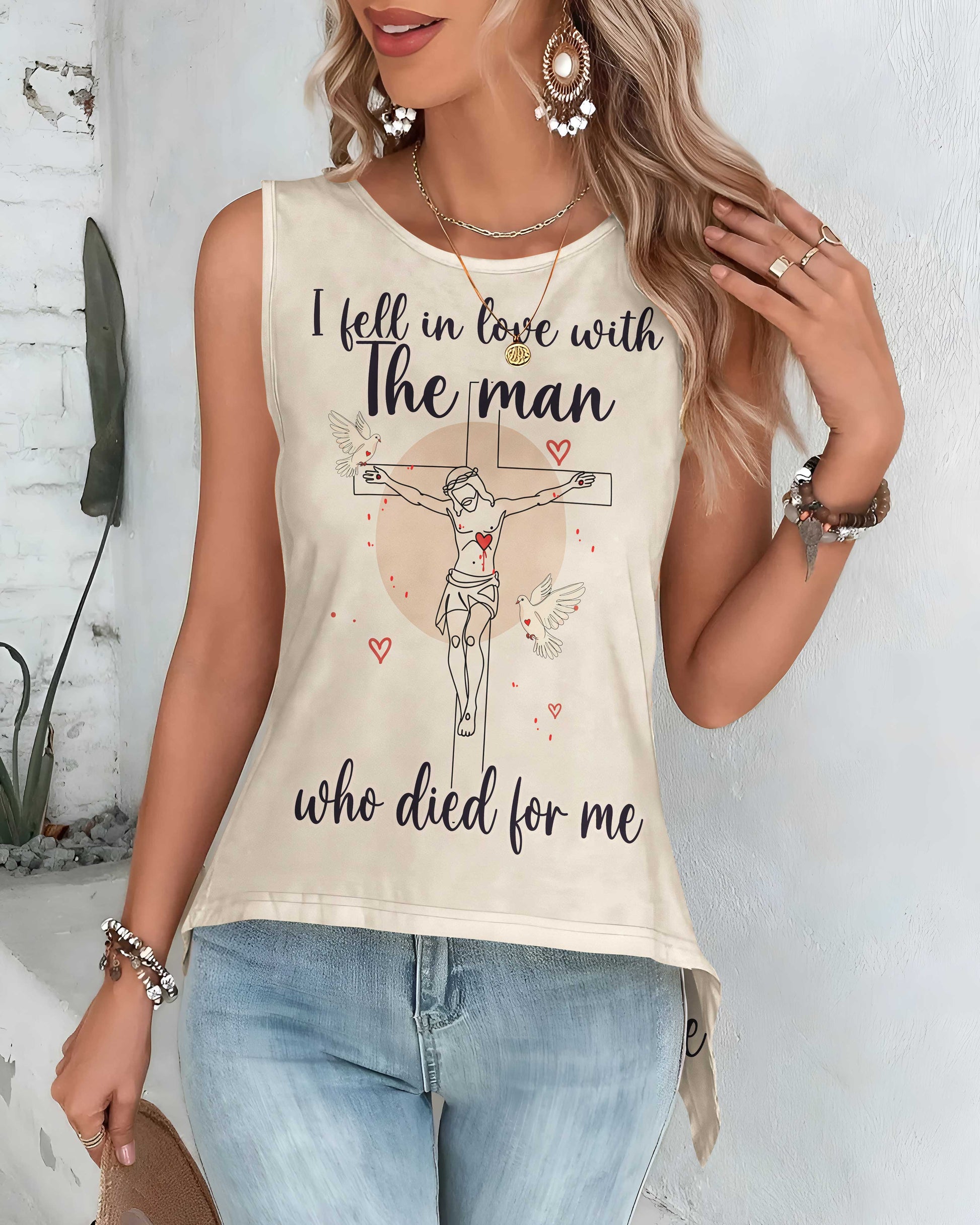 I Fell In Love With The Man Who Died For Me All Over Print Crop Out Wrap Back Tank Top