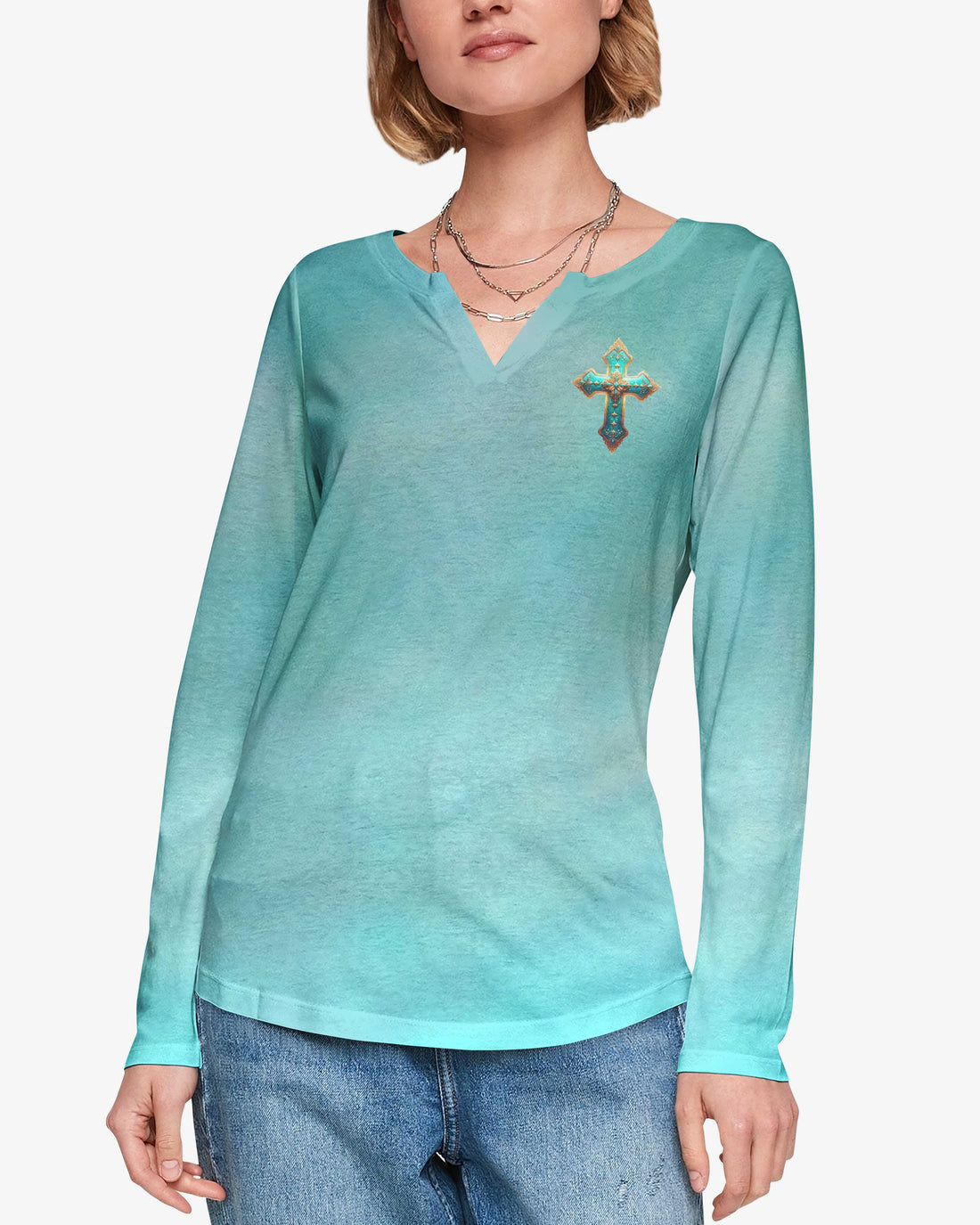 God Is With You All Over Print V-neck Long Sleeves Shirt