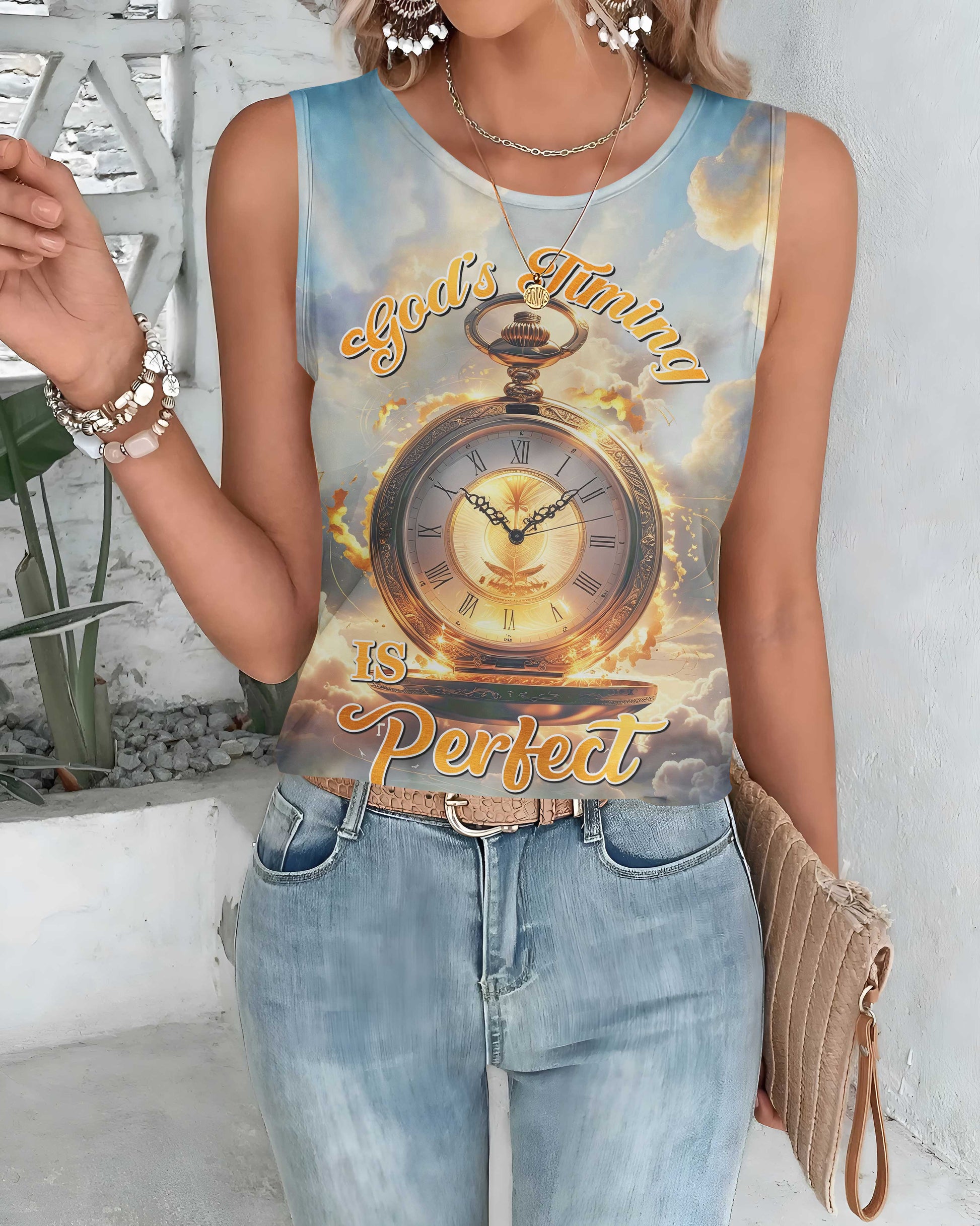 God's Timing Is Perfect All Over Print Cut Out Wrap Back Tank Top