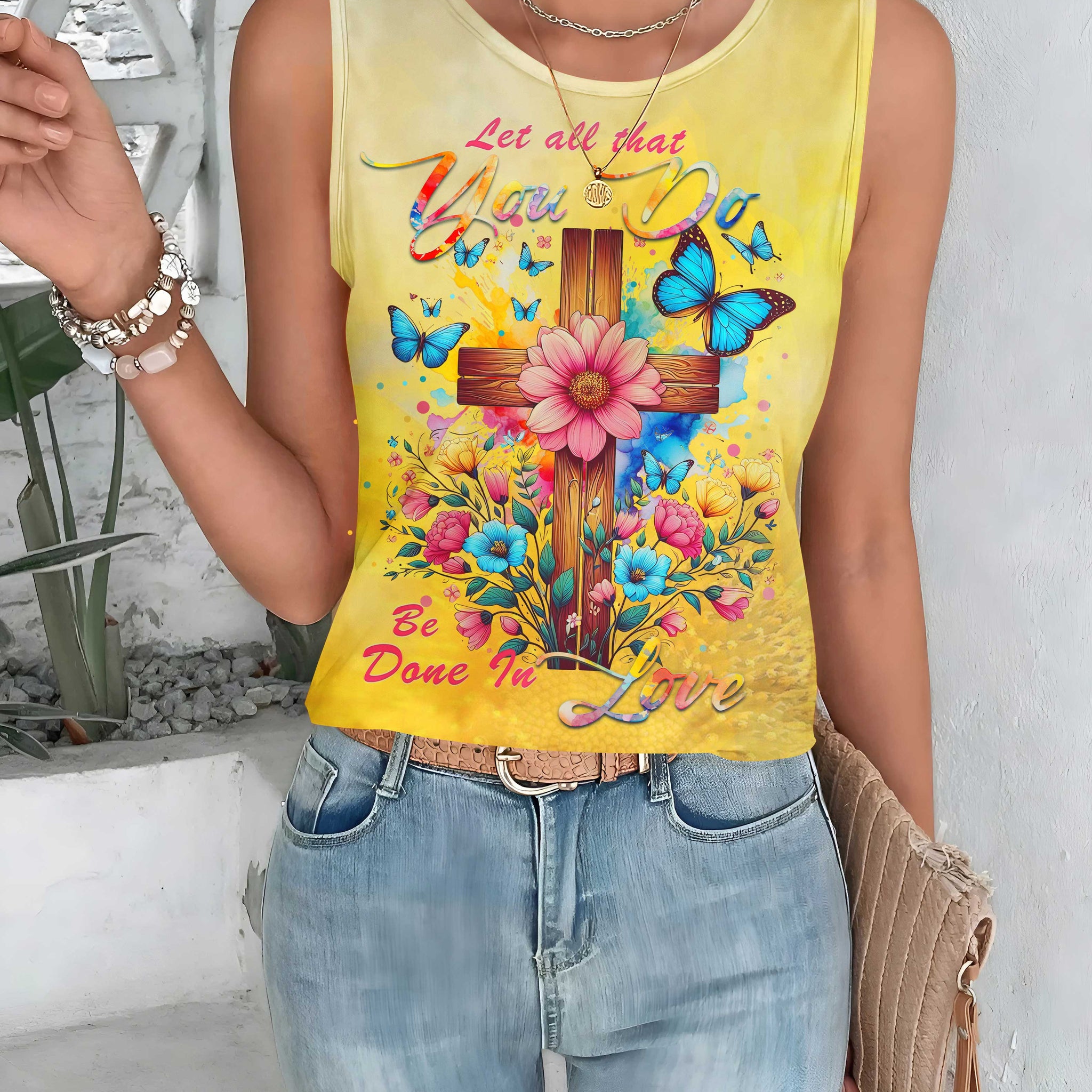 Let All That You Do Be Done In Love All Over Print Cut Out Wrap Back Tank Top
