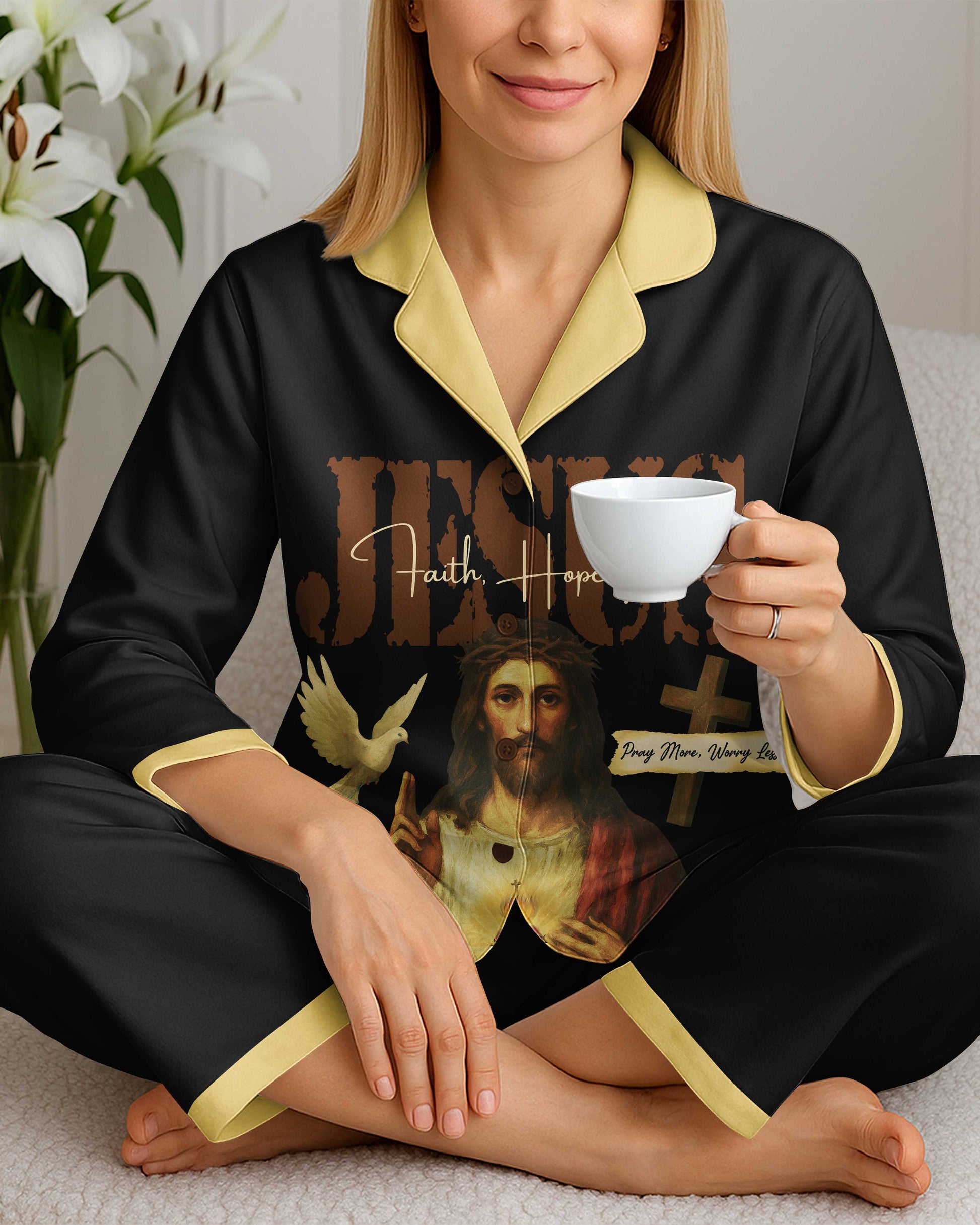 Jesus Faith Hope Pray More Worry Less Lightweight Button Pajamas