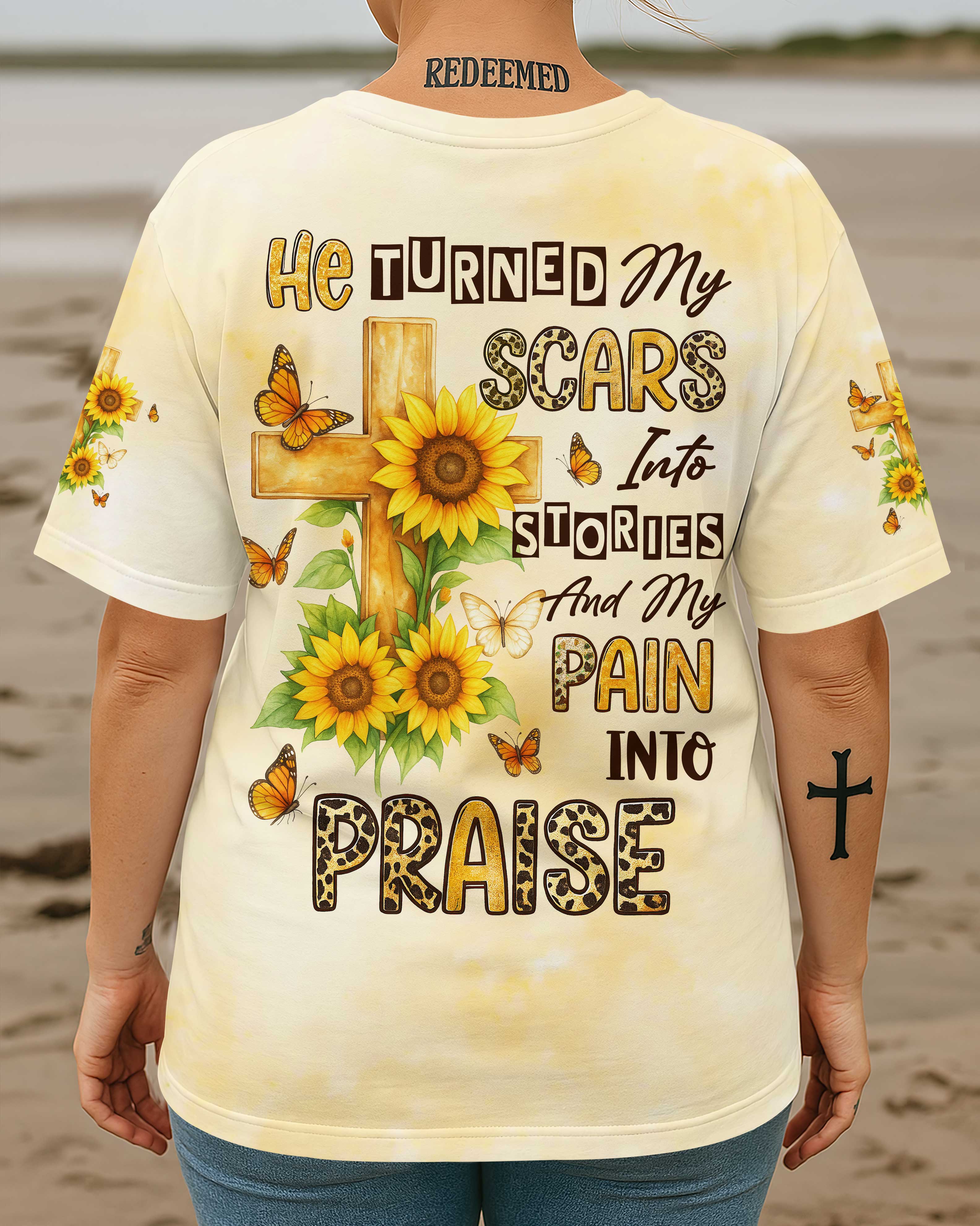 He Turned My Scars Into Stories All Over Print T-Shirt
