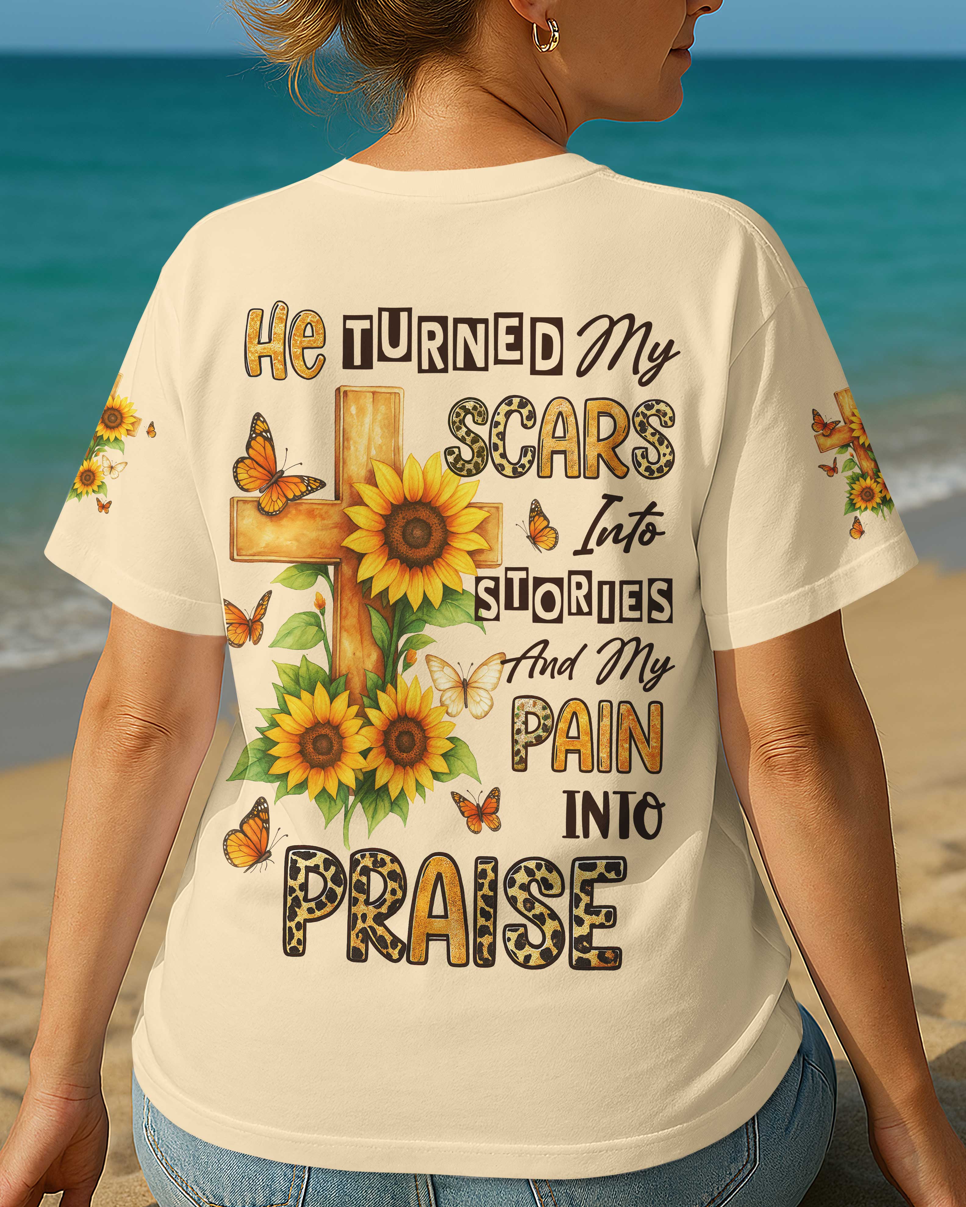 He Turned My Scars Into Stories All Over Print T-Shirt