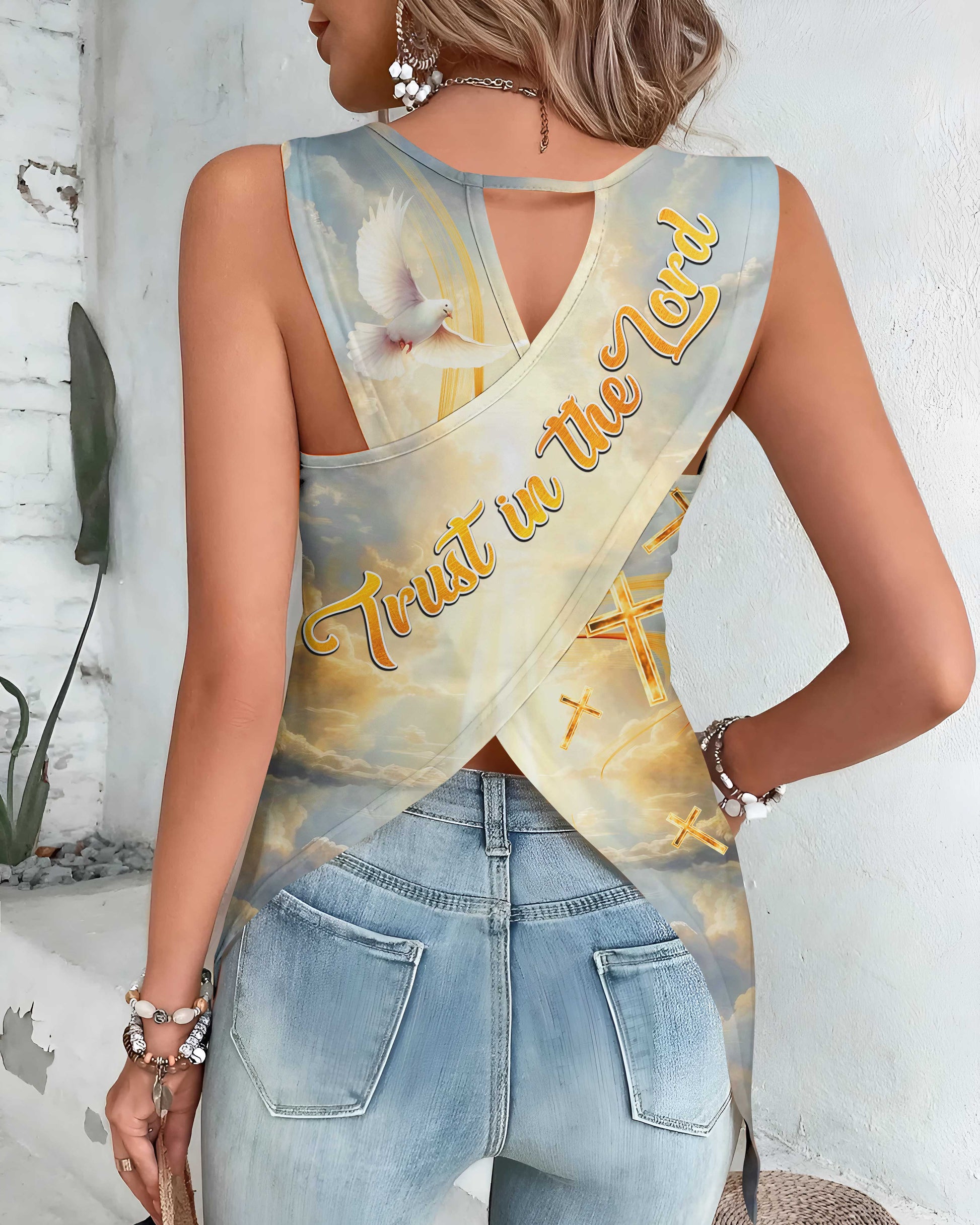 God's Timing Is Perfect All Over Print Cut Out Wrap Back Tank Top
