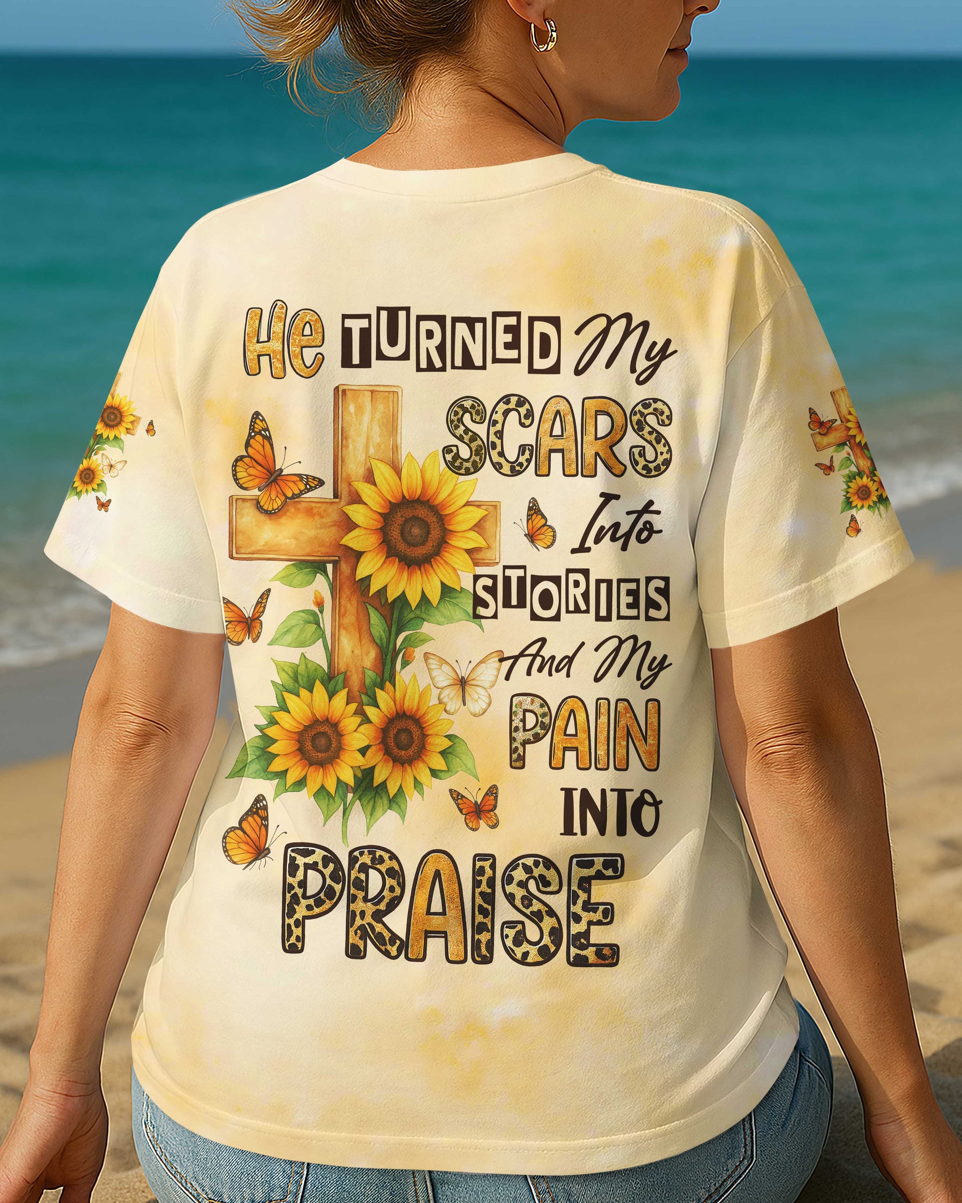 He Turned My Scars Into Stories All Over Print T-Shirt