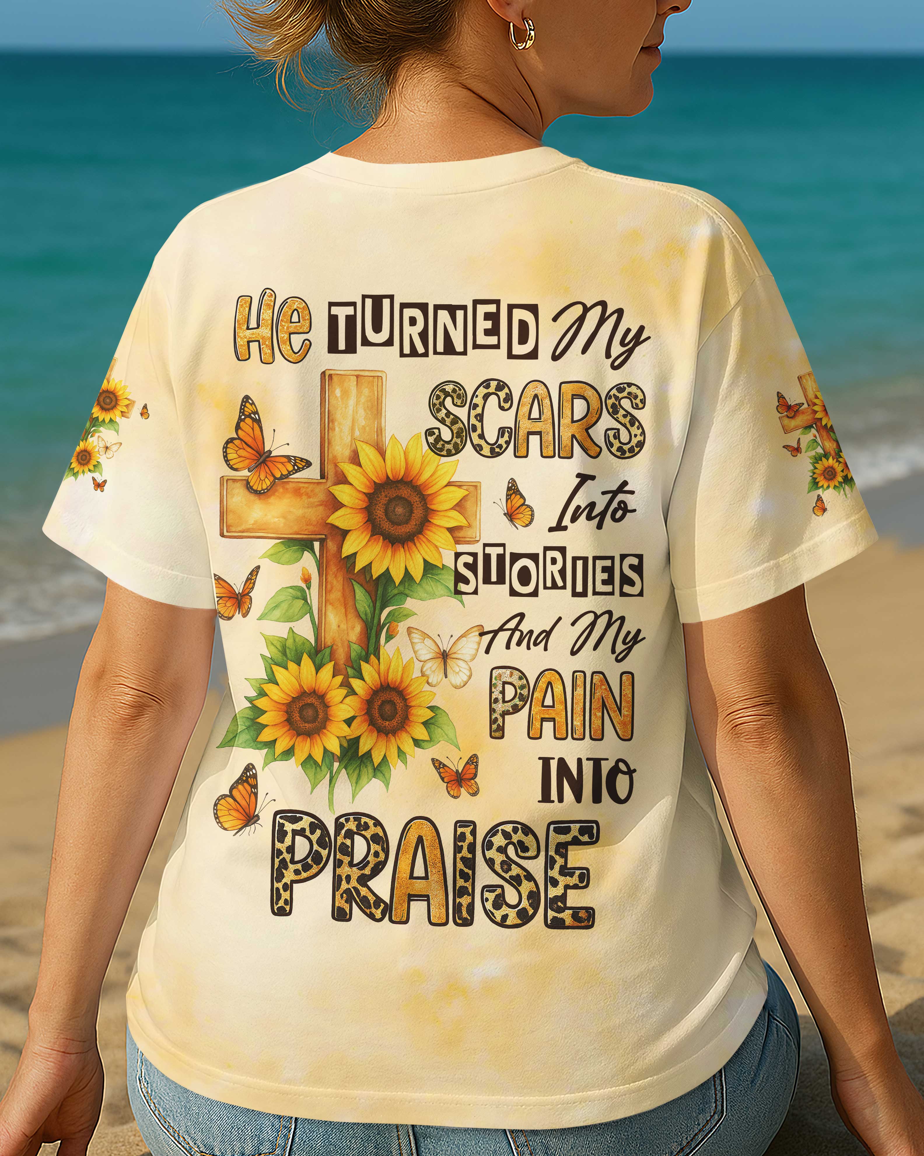 He Turned My Scars Into Stories All Over Print T-Shirt