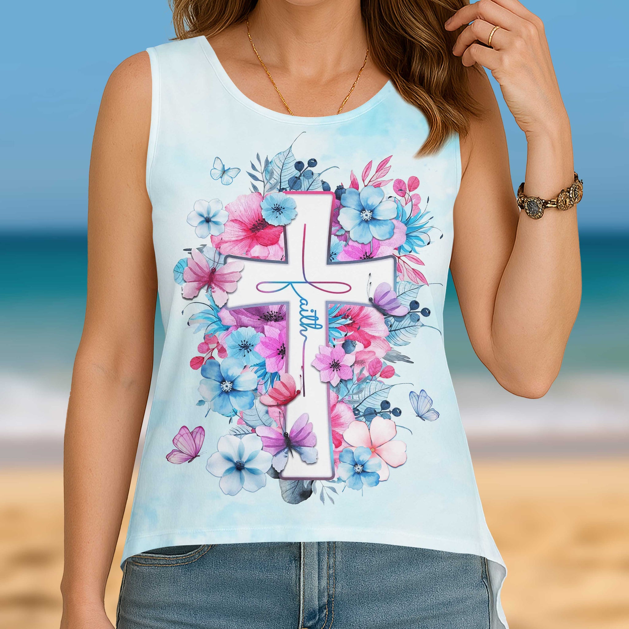 Faith All Over Print Crop Out Wrap Back Tank Top