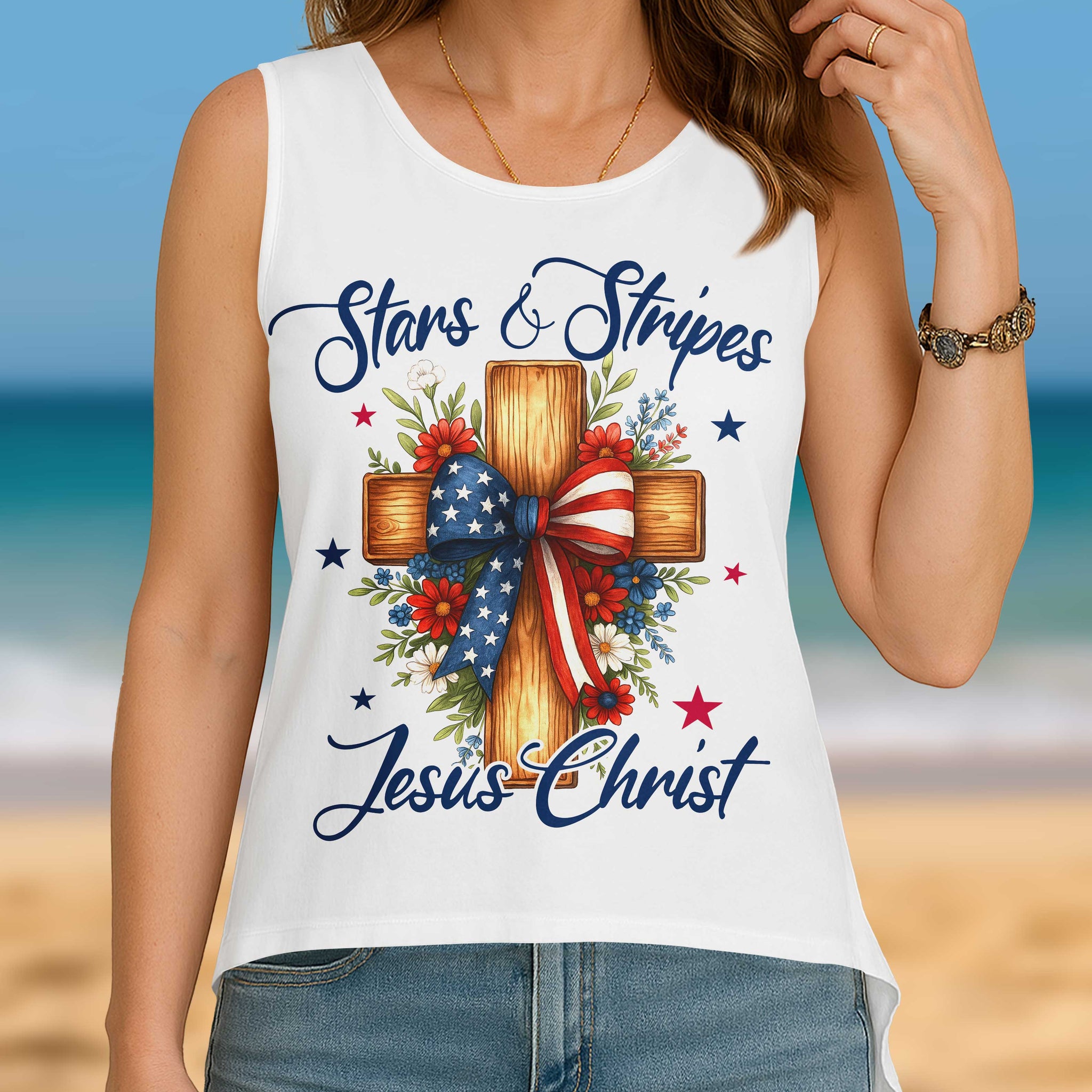 Stars And Stripes Jesus Christ Crop Out Wrap Back Tank Top