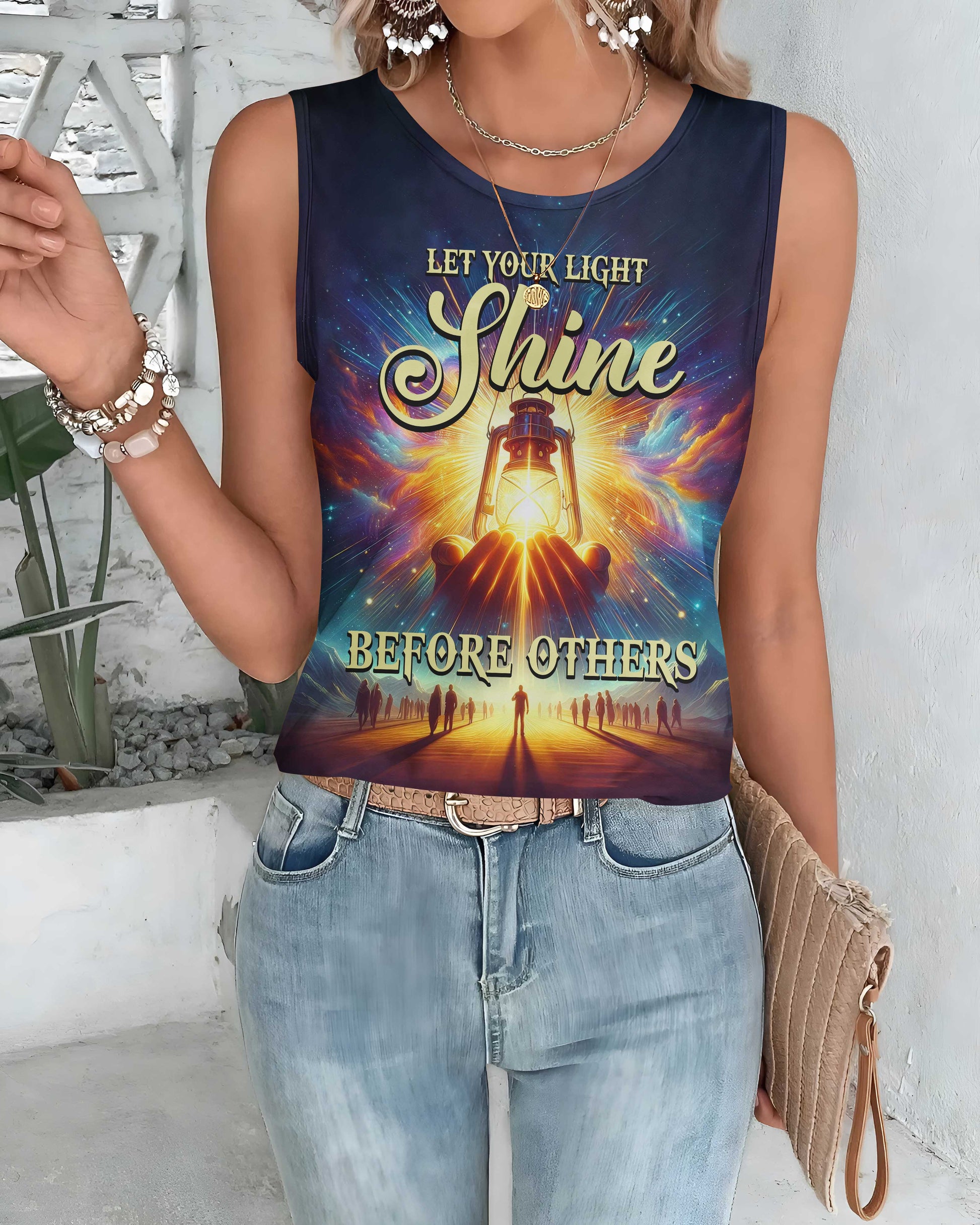 Let Your Light Shine Before Others All Over Print Cut Out Wrap Back Tank Top