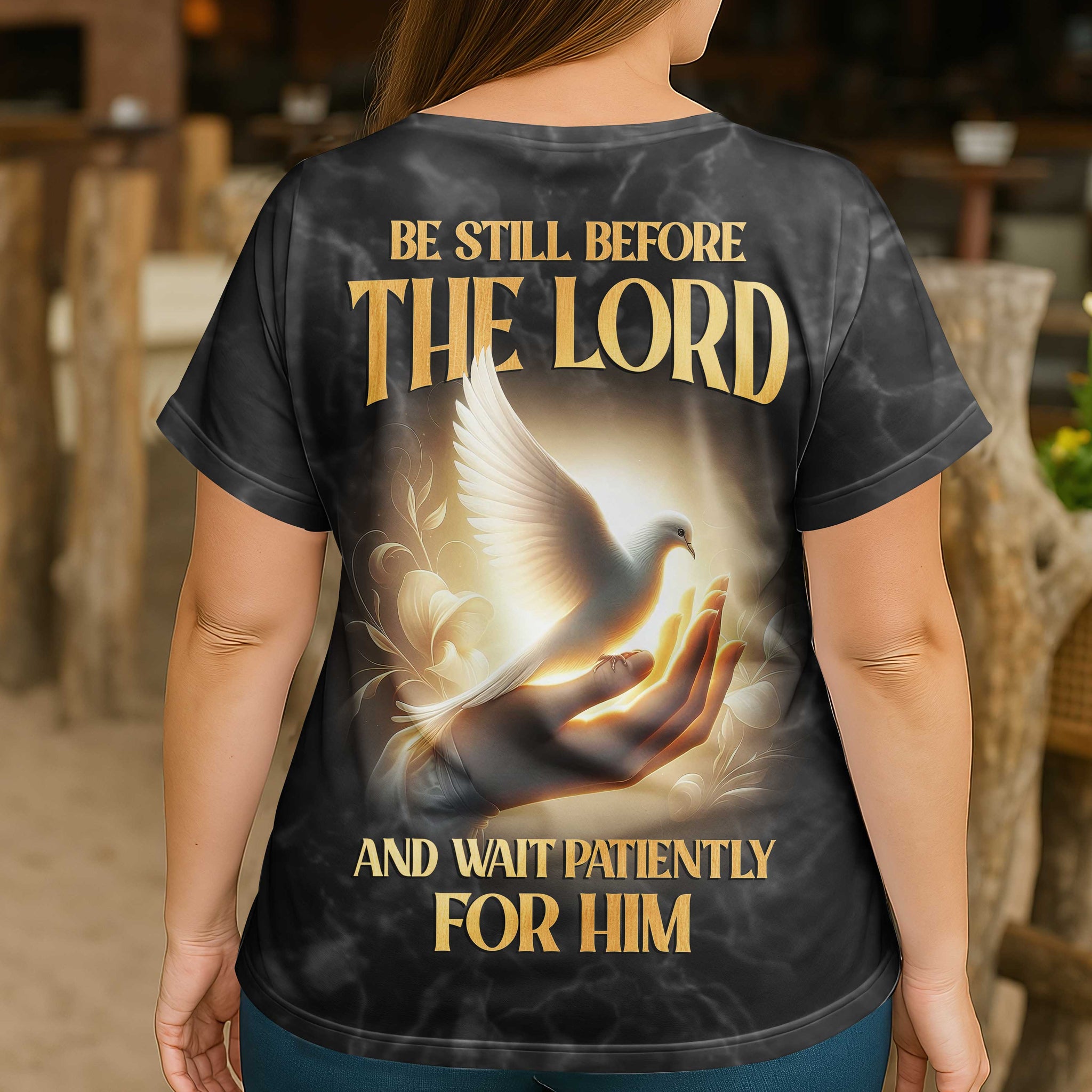 Be Still Before The Lord And Wait Patiently For Him All Over Print V-neck Dolman Sleeves Shirt